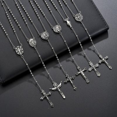 China Silver Religious Vintage Stainless Steel Rosary Jesus Christ Cross Pendant Necklace Jewelry for sale