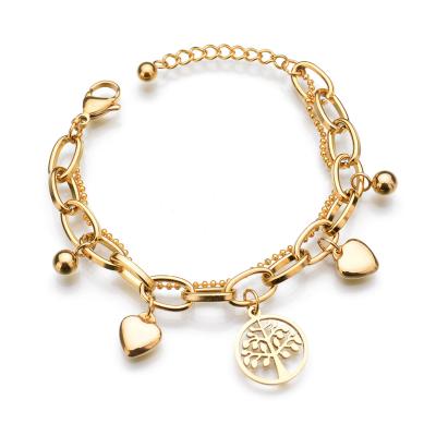 China TRENDY Gold Stainless Steel Love Heart Tree Of Life Charm Hearts Layer Chain Bracelets For Women for sale