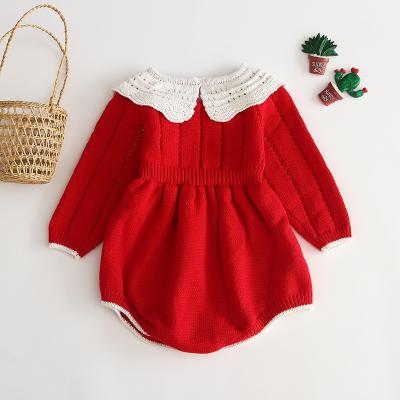 China New Baby Girl Autumn Baby Red Knitted Cotton Jumpsuit - Soft Long Sleeve Style Doll Collar Cotton Romper Sweater Crewneck Sweater for sale