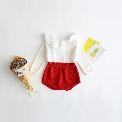 China Spring 100% Cotton Autumn Girls Baby Doll Collar Knitted Overalls Cotton Long Sleeve Casual Soft Sweater Style Color Panel Single Jumpsuit for sale