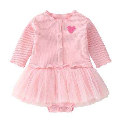 China New Lovely Spring Baby Clothes Soft Cotton Romper Button Baby Two Piece Set Dress With Coat Set For Infant And Toddler Baby Wears for sale