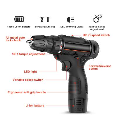 China Free Sample 12v Portable Cordless Battery Charging Household Lithium Electric Drill With Accessories 2 Power 1 Charging HS00-1 for sale