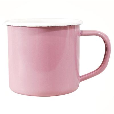 China Sustainable Enamel Coating Carbon Steel Luxury Pink Color Camping Girl Mugs Coffee With Handle for sale