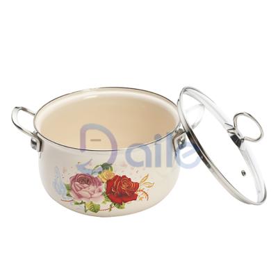 China Sustainable Wholesale Custom Casserole Set Decal Enamel Carbon Steel Hardware Glass Cover Cookware for sale