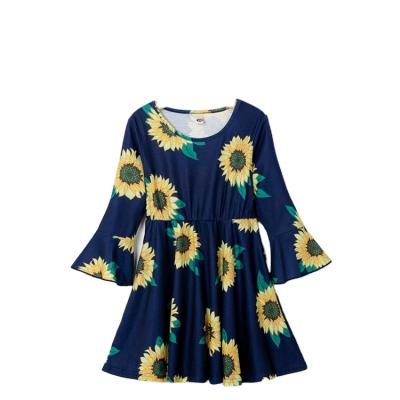 China Sleeve Sunflower Print Mid Length Mid Length Girls Dress Casual Floral Kids Fashion Dress for sale