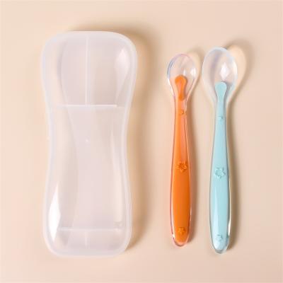 China BPA Free New babi product baby food feeder Feeding training soft silicone baby spoon set with case Container for sale