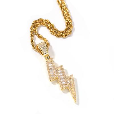 China Unisex Hiphop INS Hiphop Jewelry 18k Gold Plated Iced Out Wand Lightning Pendant Necklace for sale