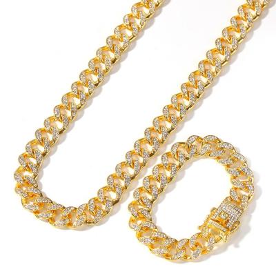 China Hip Hop Hiphop Rapper Jewelry Iced Out 13mm Alloy 18k Gold Plated Miami Cuban Chain Bracelet Jewelry Set for sale