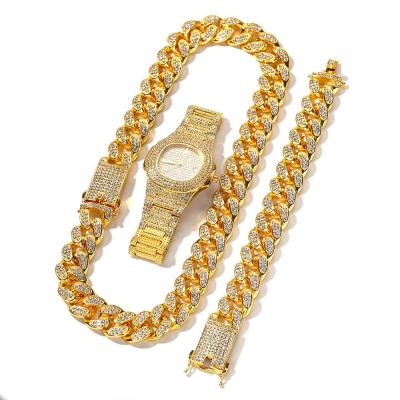 China Hip Hop Hip Hop 18K Gold Plated 20mm Cuban Link Chain Bracelet Iced Out Quartz Watch Jewelry Set for sale