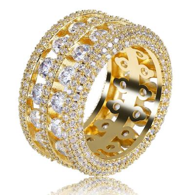 China Luxury Hip Hop Fashion 18k Gold Iced Out Band Ring HipHop Ring Jewelry Lab Diamond 2 Row Wedding Engagement for sale