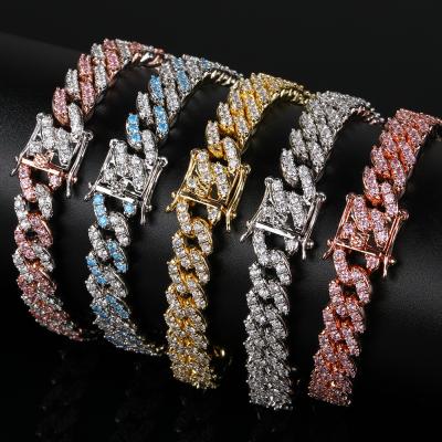 China Hiphop One Row CZ Hiphop Jewelry Lab High Quality Colorful Diamond 9MM Cuban Link Wide Bracelet For Unisex for sale