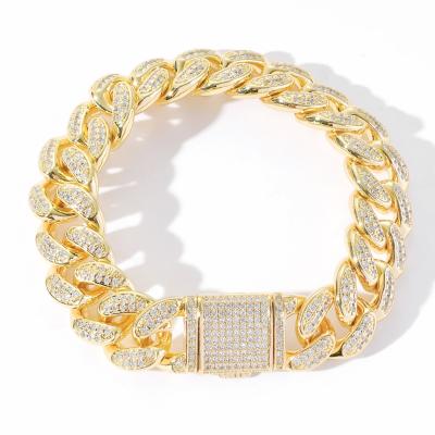 China Luxury Hiphop 15MM Box Lock CZ Bracelet 18k Gold Iced Out Real Hip Hop Diamond Cuban Link Bracelet for sale