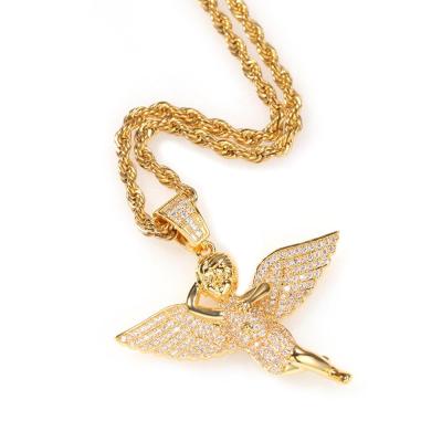 China Hiphop New Arrival Hihop Jewelry 18k Gold Plated Iced Out Angel Wing Pendant Necklace For Sale for sale