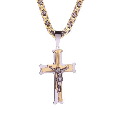 China Hot Sale Hip Hop 18k Gold Plated Stainless Steel Cross Pendant With Cuban Chain Necklace Jewelry for sale