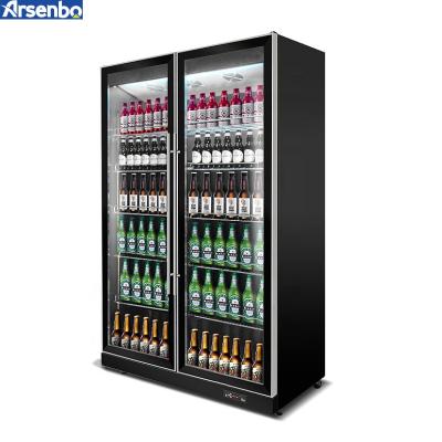 China Single-temperature Arsenbo Beer Commercial Vertical Display Supermarket Cooler Double Door Drinks Refrigerator for sale