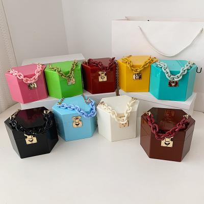 China Retro Korean Women's Chain Hexagon Box Bag for Purses and Fluorescent Handbags 2021 Fashion Ladies Handbag Girls Shoulder Bags Mini for sale