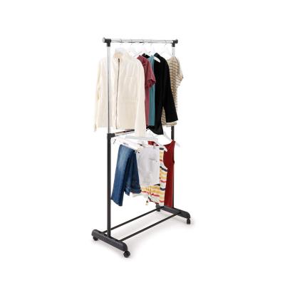 China Bathroom Double Rod Clothing Garment Rack Rolling Clothes Organizer On Wheels For Hanging Clothes for sale