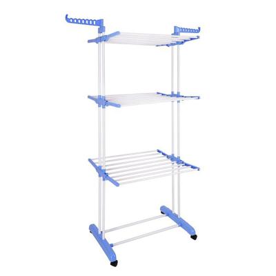 China Bathroom Clothes Dryer Rack 3-Tier Hanger Storage Garment Rack Large Collapsible Rolling Stand Rack With Foldable Wing for sale