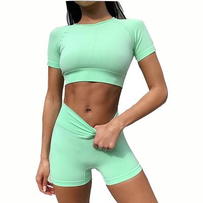 China Yoga Set Breathable Seamless Line Shaping Sports Women Summer Vest Gym Tight Gaiters High Waist Bra Push Up Fitness Suit Shorts Sets for sale