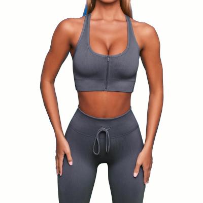 China Breathable Elastic Ribbed Seamless Spandex Biker Shorts Workout Clothes Gym Clothing Ladies 2 Piece Zipper Sport Wear Top Yoga Set For Women for sale