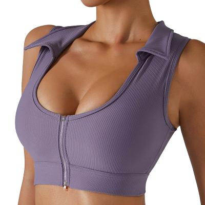 China Sexy Neck Design Breathable Comfortable Women Lapel Big Zipper Up Sports Bra Vest Fitness Gym Top Set Ribbed Seamless Yoga Crop Top for sale