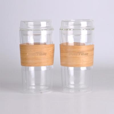 China 350ml Sustainable Double Wall Glass Travel Mug With Sleeve Lid And Bamboo Handle for sale