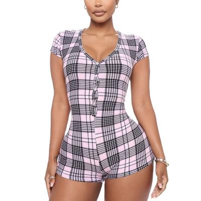 China New arrival screen printing logo women's plaid onesie one pcs breathable short pajamas women's short sleepwear for sale