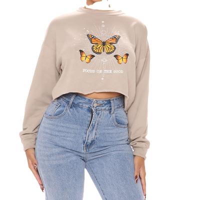 China Custom logo graphic comfortable cotton letter butterfly anti-pilling raw edge cropped women's sweatshirt pullover hoodie for sale