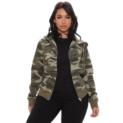 China Anti-pilling New Design Ribbed Cuffs Camouflage Print Zipper Hoodie Fleece Heavy Jogger Women Hoodie for sale