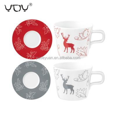 China Viable Christmas Special Design Porcelain Reindeer Coffee Tea Cup And Saucer Gray Red Bone China for sale