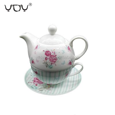 China New Viable Bone Decal Printing White Antique Ceramic Teapots 3pcs Coffee Set for sale