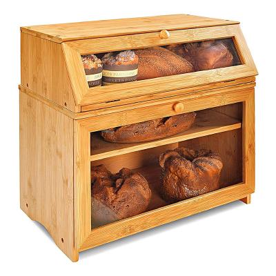 China Japan style bamboo bread box double-layer bread box kitchen countertop bamboo bread box placed in the corner for sale