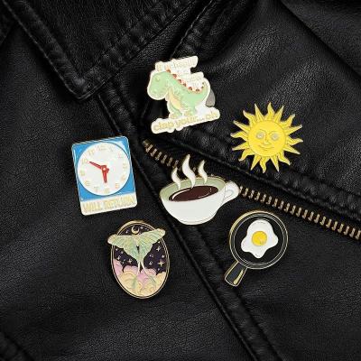 China Wholesale Fashion Jewelry Lapel Pins Bag Badges Handsome Cartoon Dinosaur Alarm Clock Coffee Trendy Badges for Woman Man for sale