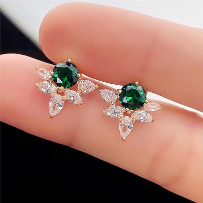 China TRENDY Jewelry green cubic zirconia stone brass 18K gold plated flower earrings for girls for sale