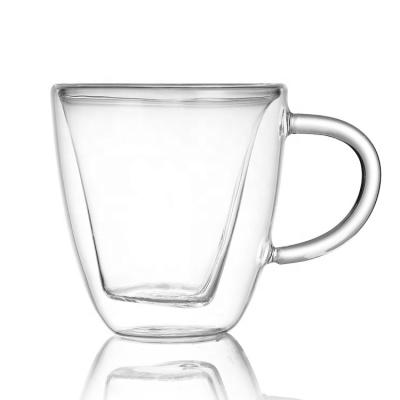 China Modern Double Wall Heart Shaped Glass Coffee Mugs Tea Mugs With Handle , Unique Glass Espresso Cups for sale