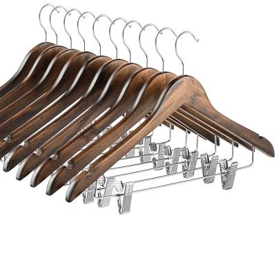 China Behind Doors/On Walls Premium Vintage Color Solid Wooden Suit Hangers Machine with Adjustable Metal Clips for sale