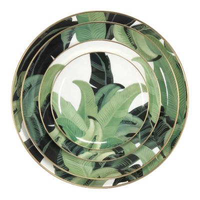 China Viable Wholesale Green Leaves Print Dishes Set Banana Leaf Pattern Charger Dishes For Weddings for sale