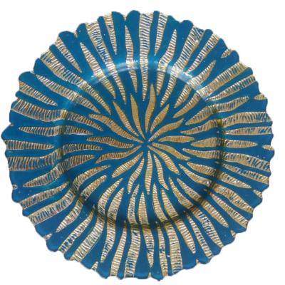 China Wholesale Cheap Disposable 13 Inch Blue Gold Charger Glass Dish for sale