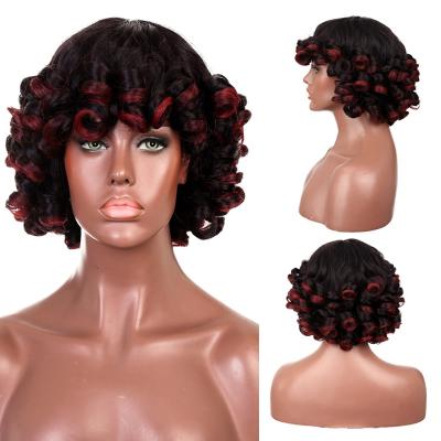 China DIFEI Roman Curly Afro Kinky Curly Pink Wig With Bangs Synthetic Red Wig Anime Style Short African Hair 12 Inch Cosplay Wig For Women for sale