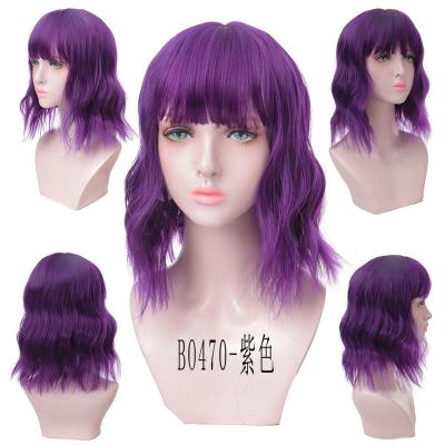 China DIFEI Water Wave Purple Fiber High Resistant Short Bob Wigs For Women With Bangs Cosplay Natural Curly Synthetic Wig Hair Wig for sale