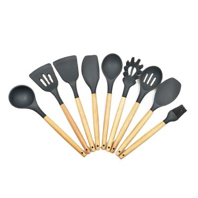 China 9 PCS SUSTAINABLE SILICONE KITCHEN UTENSIL SET IN DARK GRAY COLOR WITH BEECH WOODEN HANDLE FOR KITCHEN for sale