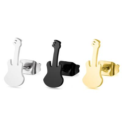 China 316 L Cute Simple Gold Guitar Stud Earrings Real Gold Plated Stainless Steel Gun Metal Black Silver Color for sale