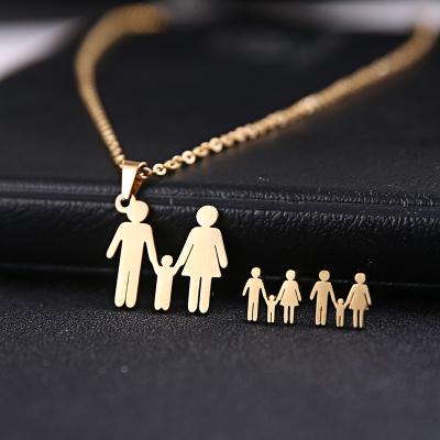 China New Fashion Cute Gold Stainless Steel Family Pair Pendant Necklace Earrings Jewelry Set For Women for sale