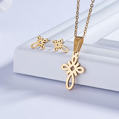 China Cute New Fashion Gold Stainless Steel Fish Bone Wing Horse Flower Pendant Necklace Earrings Bridal Jewelry Set For Women for sale