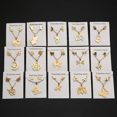 China New Aniamls Plants Environmental Friendly Butterfly Flowers Stainless Steel Pendant Necklace Sets For Women Gold Color Stud Earrings 2021 New Trendy for sale