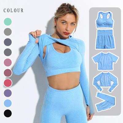 China Seamless Fit Women Yoga Set Suit Long Sleeve Slim Elastic Ribbed Outfits High Rise Workout Antibacterial Wholesale for sale