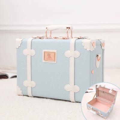 China Large Capacity 13inch Vintage (Embossed Blue) Carry On Suitcase PU Leather Train Case With Combination Lock For Women for sale