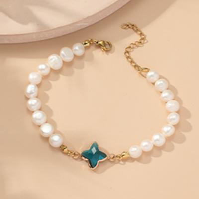 China Adjustable Pearl Crystal Clover Jewelry Trendy Fashion Wholesale Freshwater Bracelet FT-08 for sale