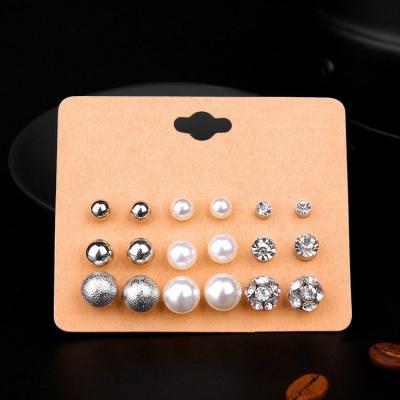 China BZ-09 Ladies TRENDY Pearl Crystal Silver Ball Small Earring Set Packaging Card Custom Cards Charm Earrings for sale