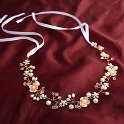 China Bridal Jewelry Crystal Flower Pearl Hair Band Handmade Fairy Romantic White Fairy Headband Accessories Wedding Hair Ribbon HX-012 for sale